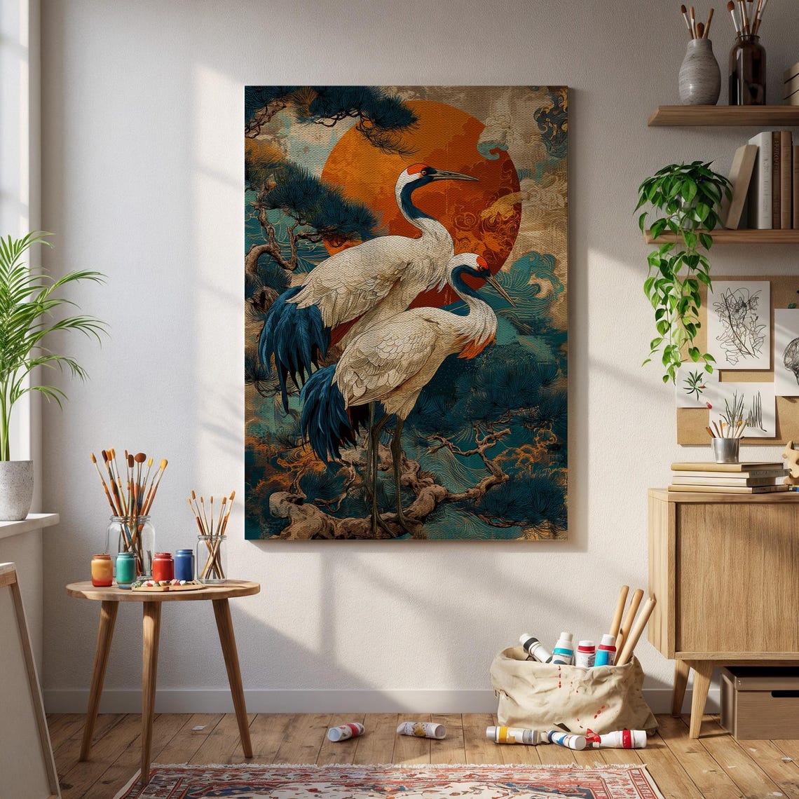 Japanese Cranes Red Sun Pine Trees Elegant Bird Art Wall Poster