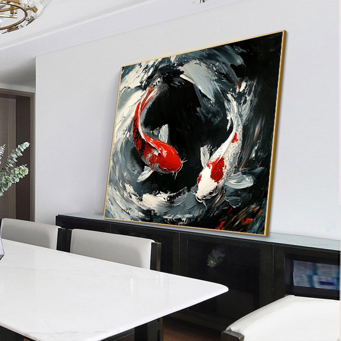 Red And White Koi Fish Circling In Dark Swirling Water Art Poster - Image 3
