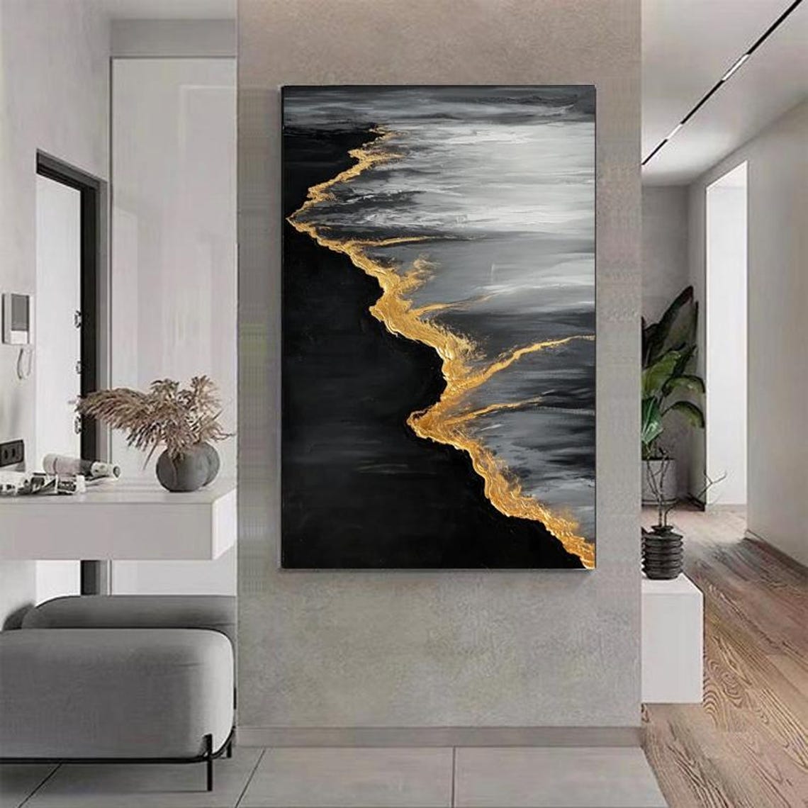 Black Sand Beach With a Golden Foil Shoreline Abstract Wall Art - Image 3