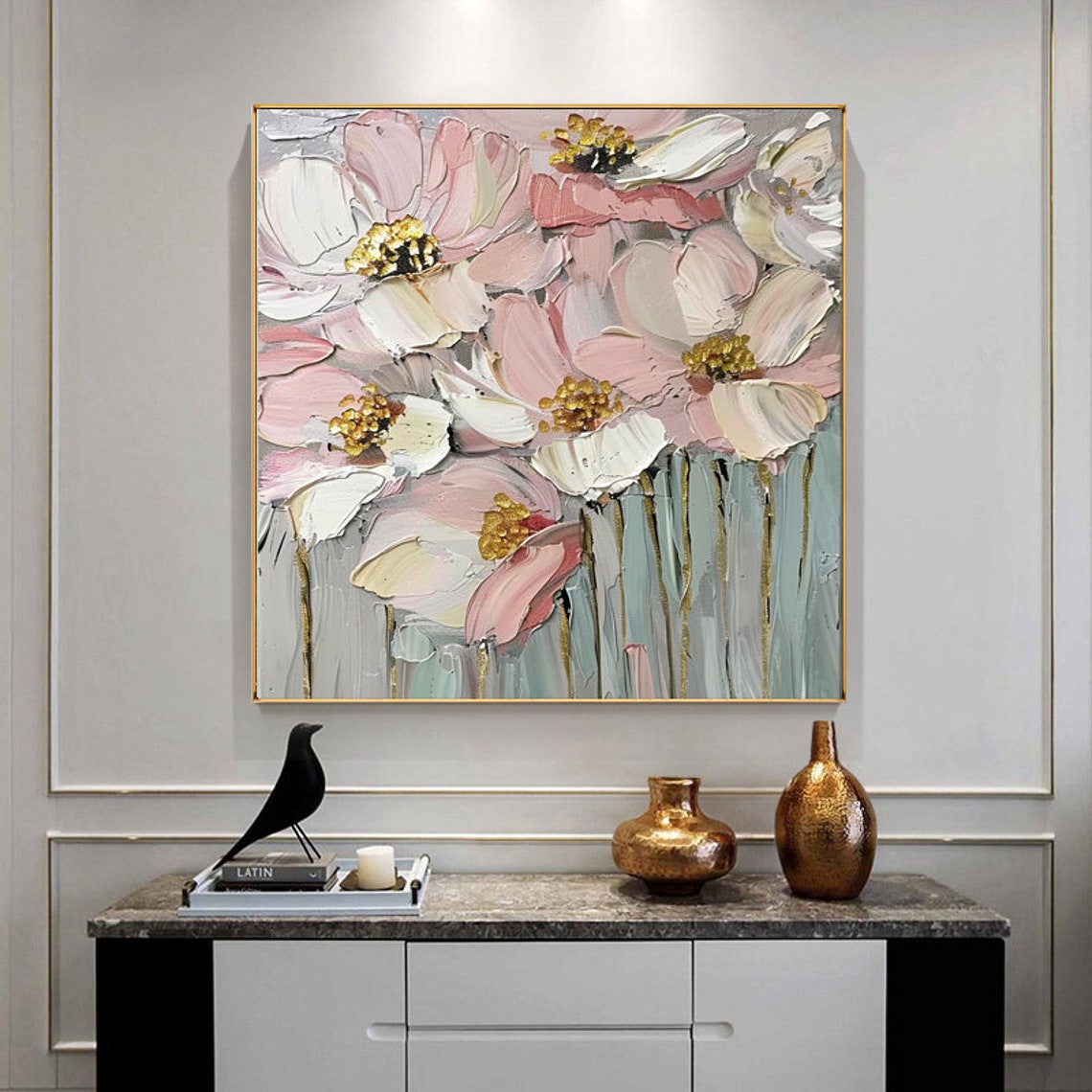 Pink Blossom Flowers with Gold Stamen Textured Fine Art Poster - Image 3
