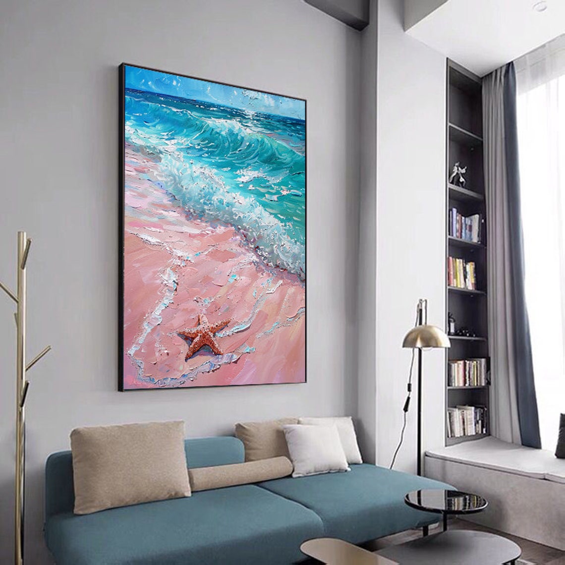 Turquoise Waves On Pink Sand Beach With Starfish Coastal Art Poster - Image 5