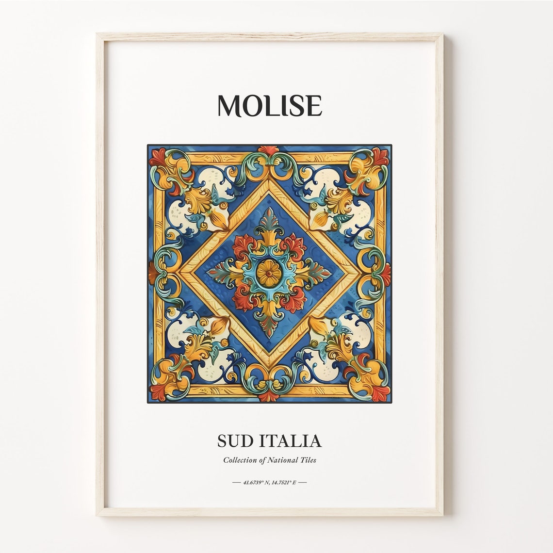 Molise Sud Italia Diamond Center Tile Art Blue Gold Red Poster