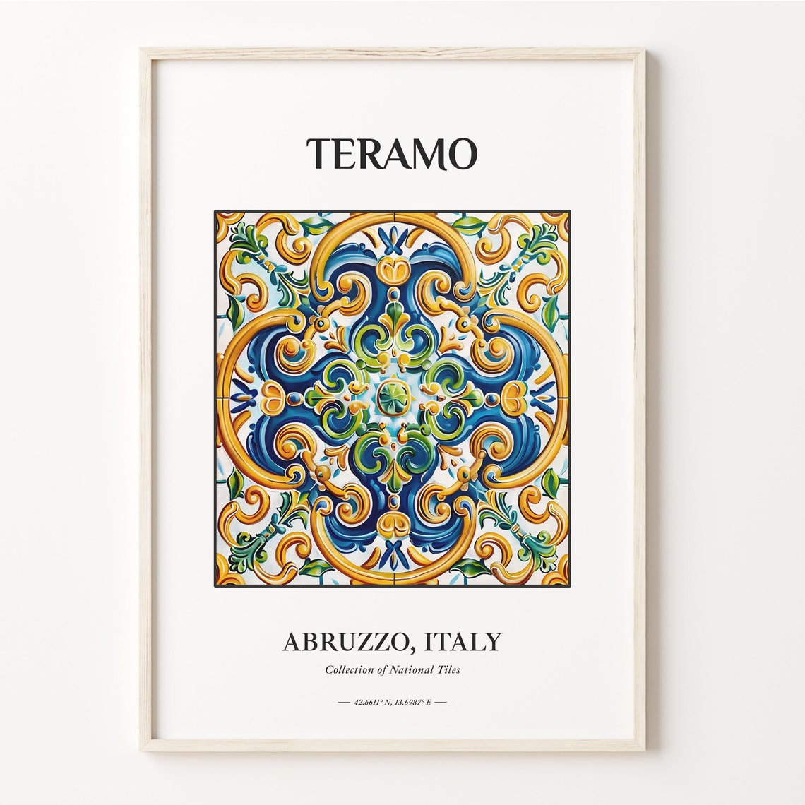 Teramo Abruzzo Italy Tile Poster with Blue Gold Scroll Pattern