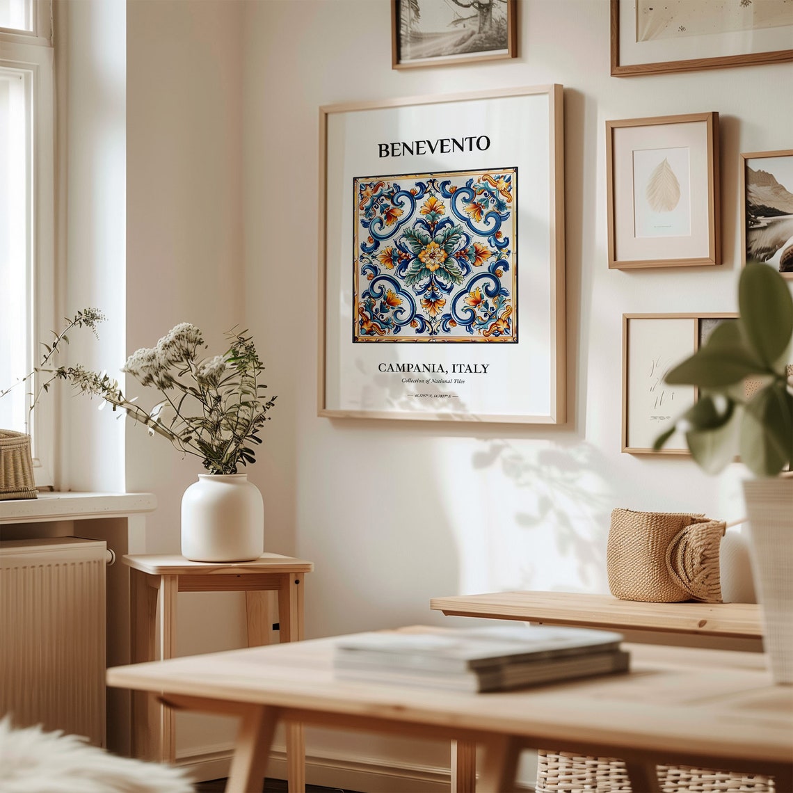 Benevento Campania Italy Blue Orange Blossom Tile Pattern Poster - Image 2