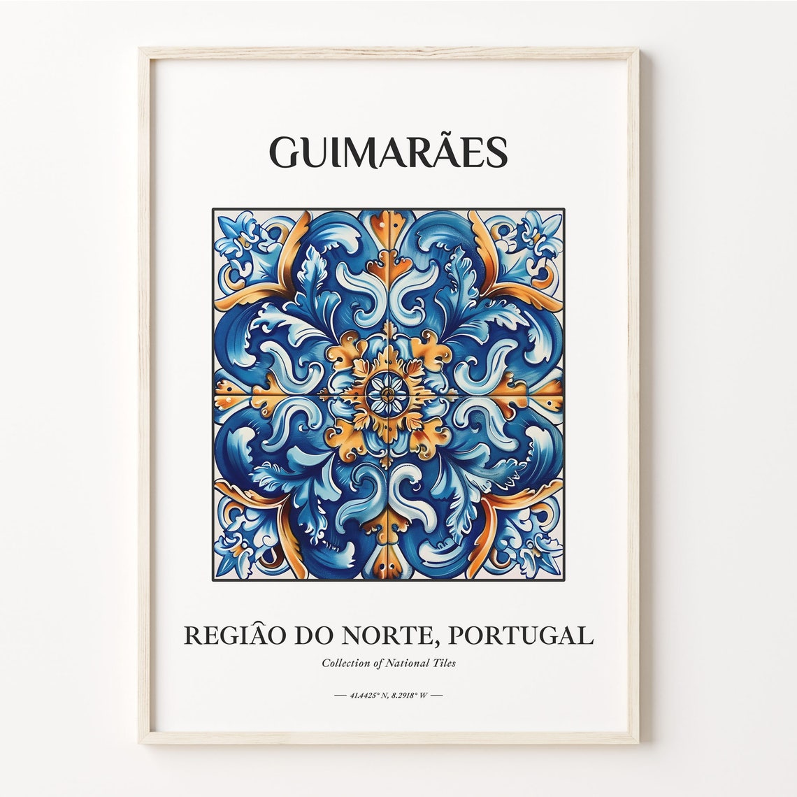 Guimarães Portugal Blue White Azulejo Floral Tile Pattern Poster