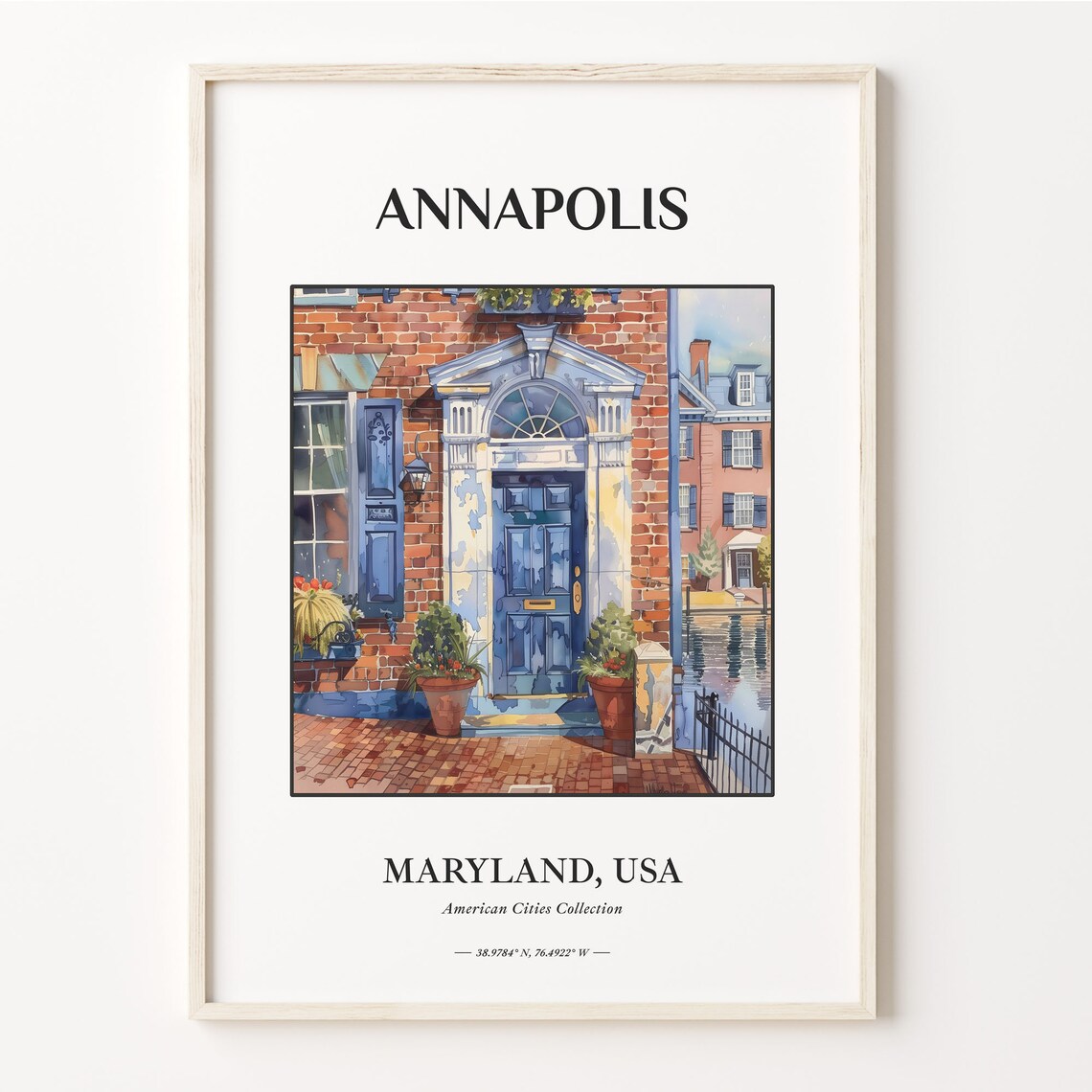 Annapolis Maryland Brick Townhouse Blue Door Watercolor Art Poster