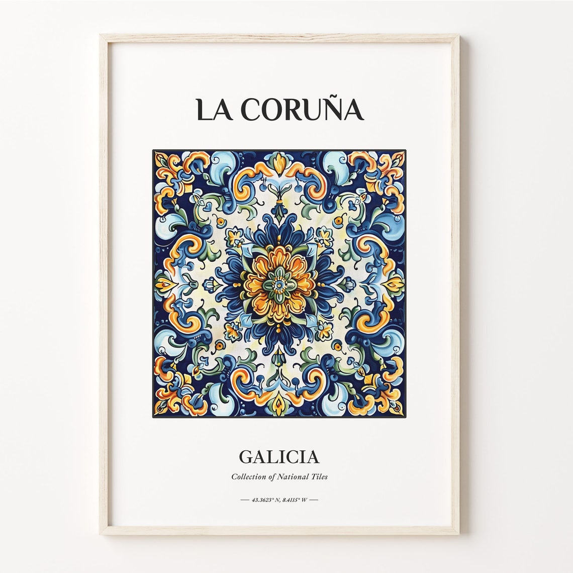 La Coruna Galicia Spain Deep Blue Gold Scroll Tile Medallion Poster