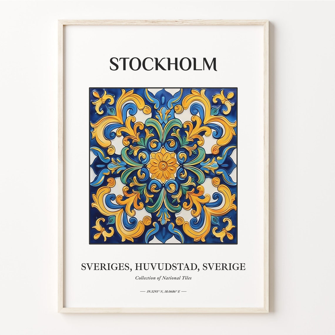 Stockholm Sweden Blue Gold Ornate Tile Pattern Wall Decor Poster