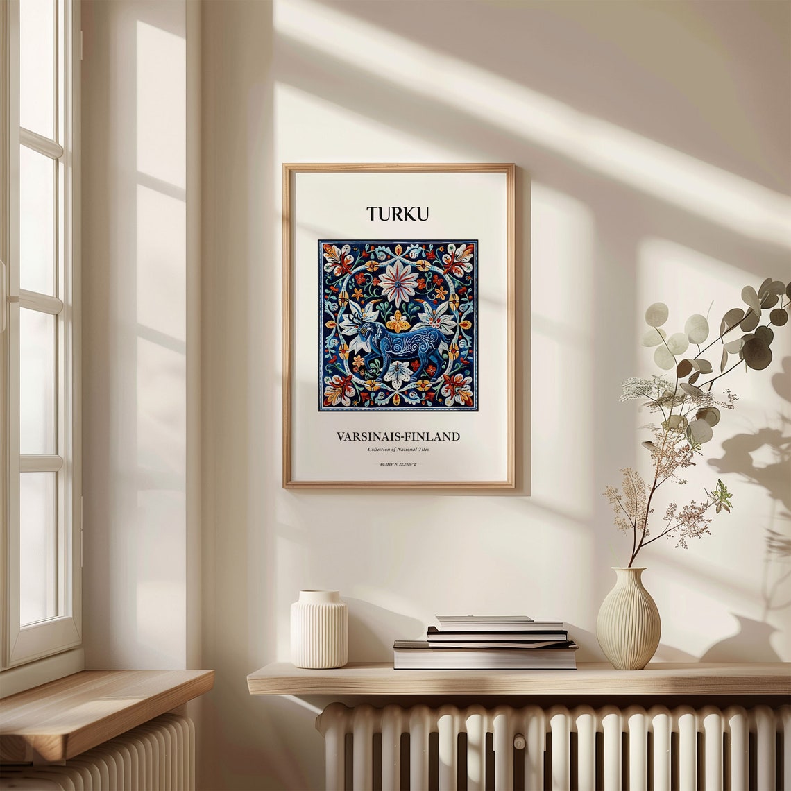 Turku Finland Blue Goat Scandinavian Folk Art Tile Pattern Wall Poster - Image 3