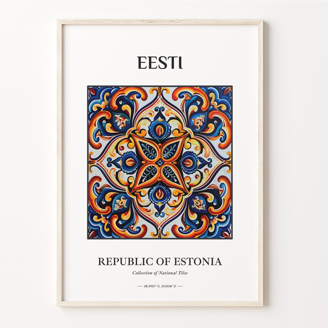Eesti Estonia Fiery Orange Blue Folk Tile Medallion Art Poster