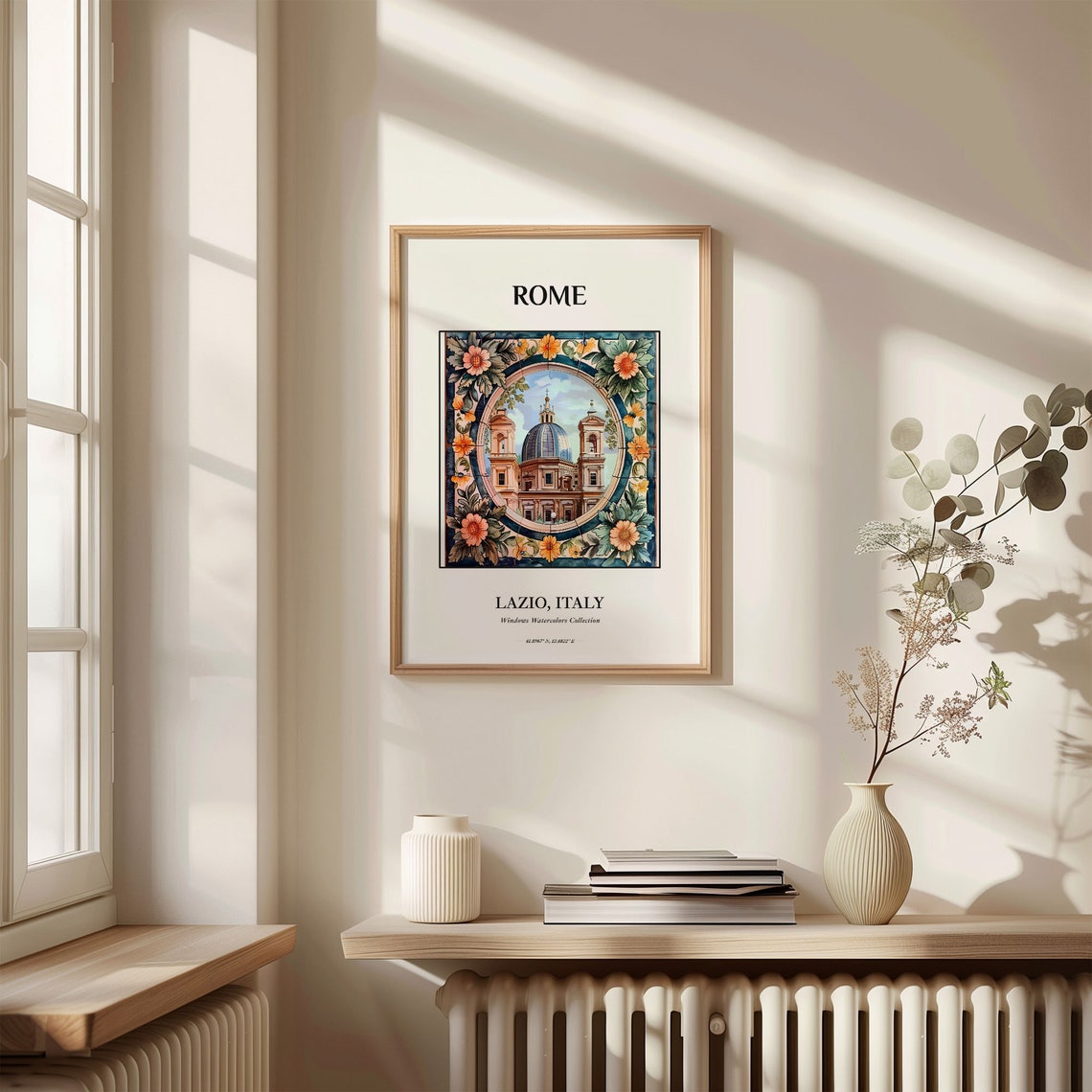 Rome Italy Domed Church Floral Tile Frame Watercolor Art Poster - Image 3