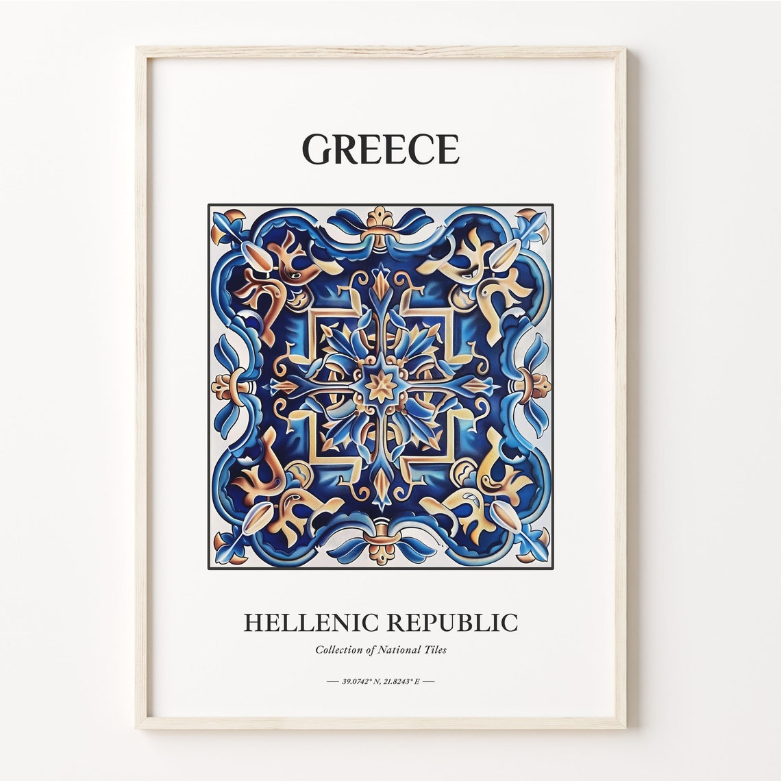Greece Hellenic Republic Cobalt Blue Gold Star Cross Tile Art Poster