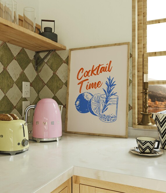 Cocktail Time Orange Script Poster with Blue Citrus Drink Art Decor