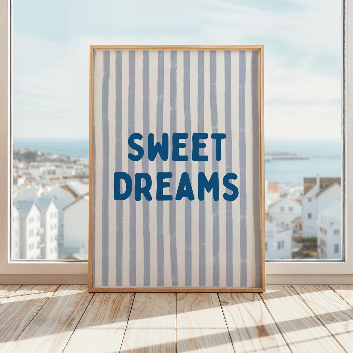 Sweet Dreams Blue Stripes Calm Nursery Bedroom Wall Quote Poster
