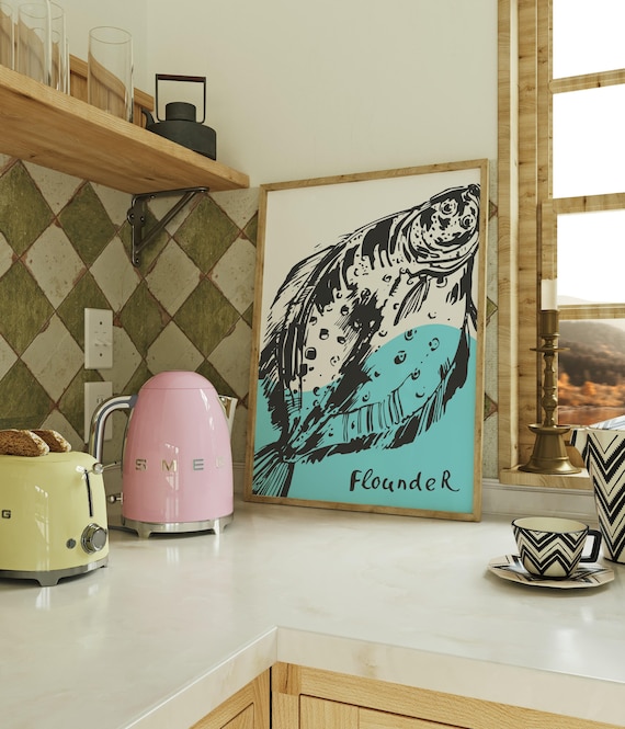 Flounder Print Poster Wall Art Coastal Kitchen Decor Nautical Sea Life Ocean Fish For Bathroom