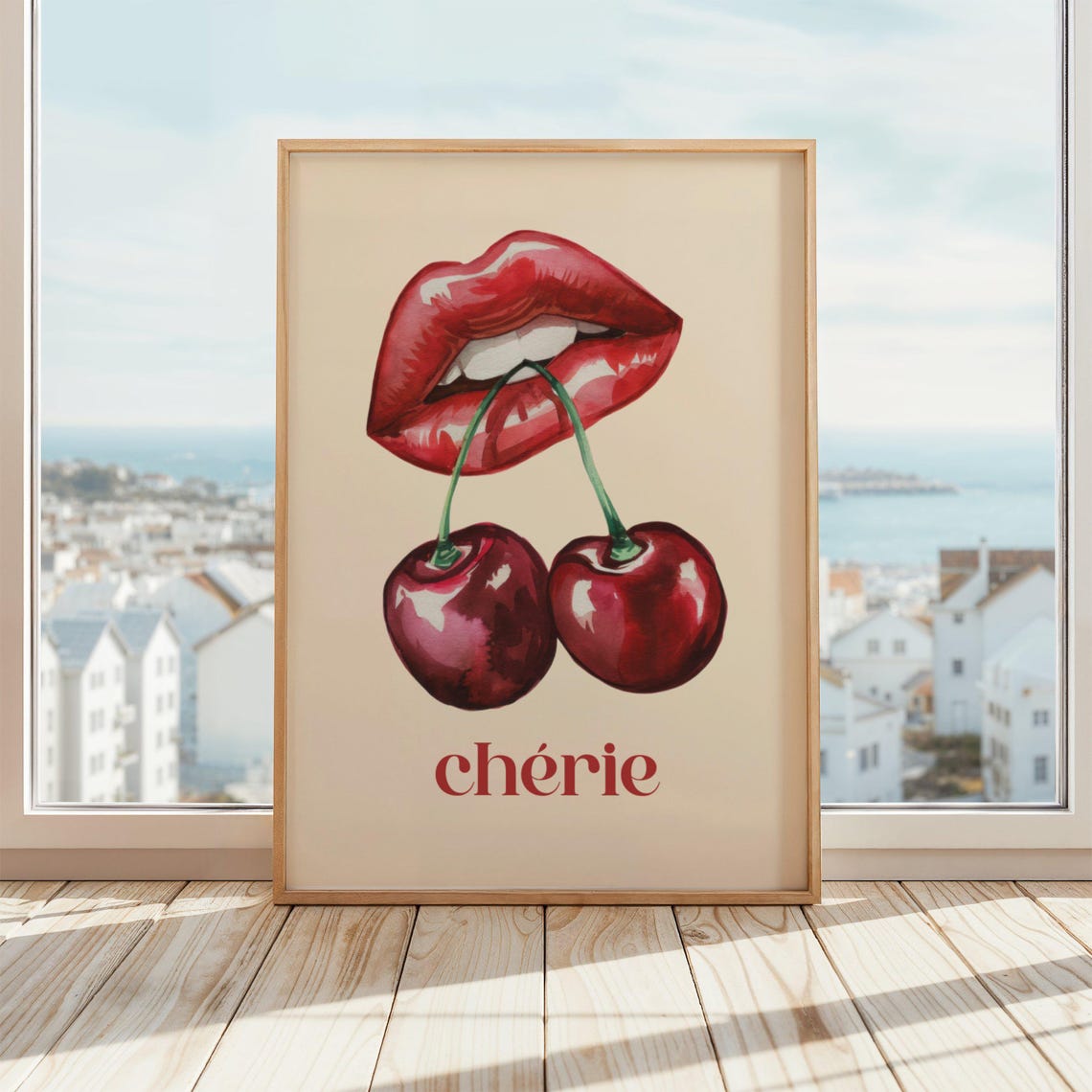 Cherie Red Lips Biting Cherry Stems Playful French Art Poster