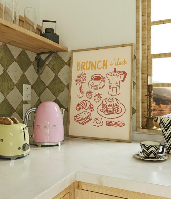 Brunch Oclock Kitchen Print Wall Art Club Breakfast Food Poster Coffee Pancake Beige