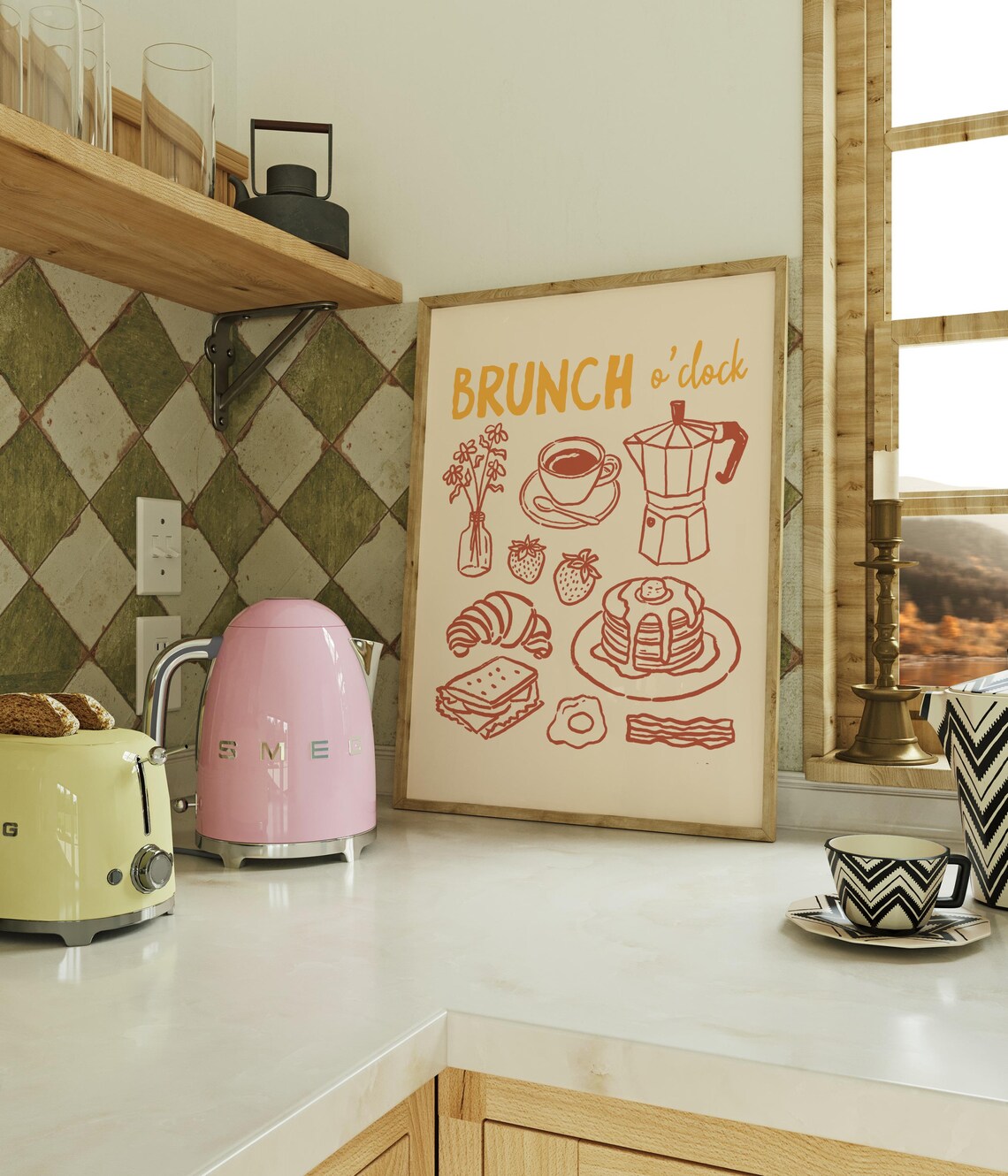 Brunch Oclock Red Line Icons Moka Pot Pancakes Playful Food Poster