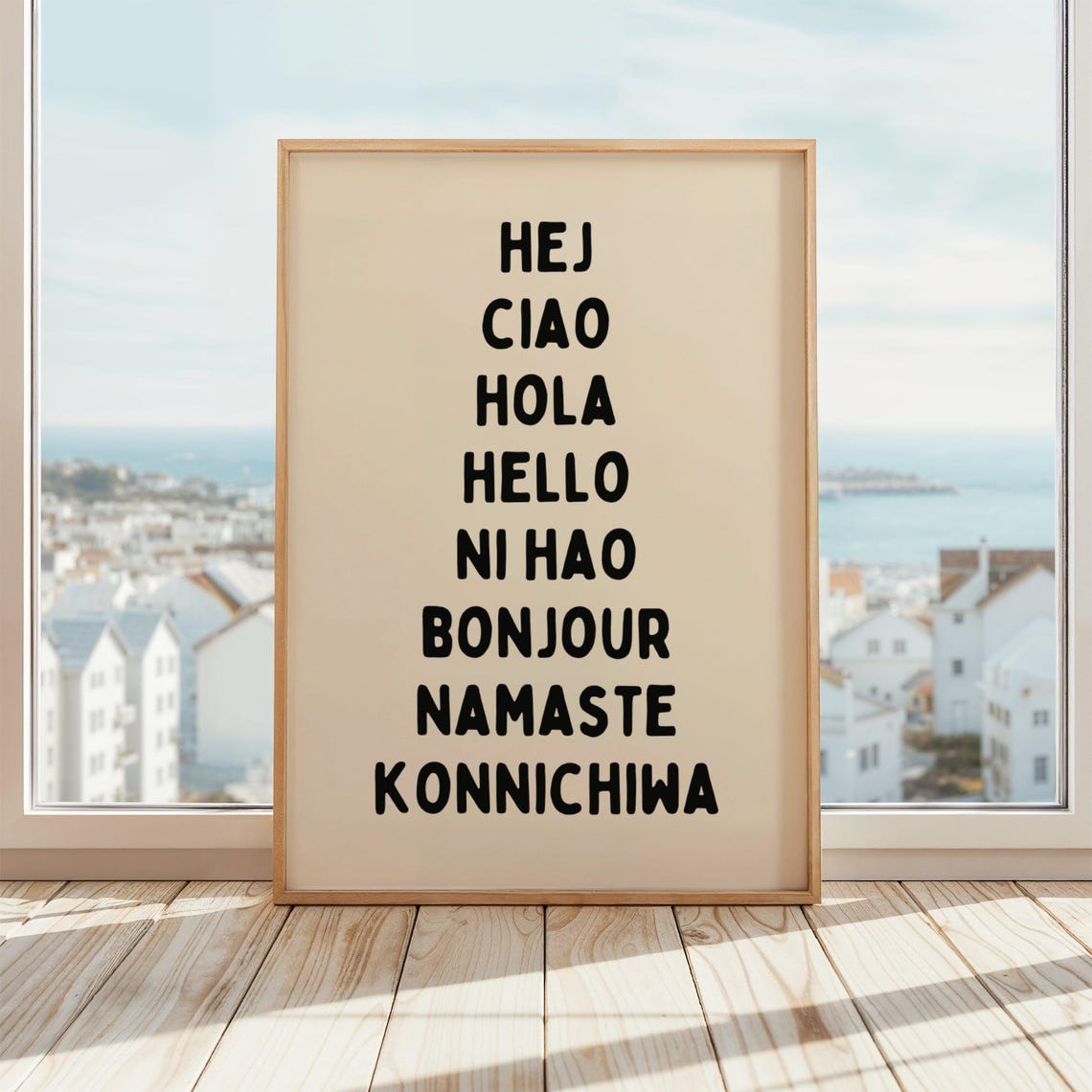 Hello In Different Languages Quote Poster Beige Black Minimalist Decor