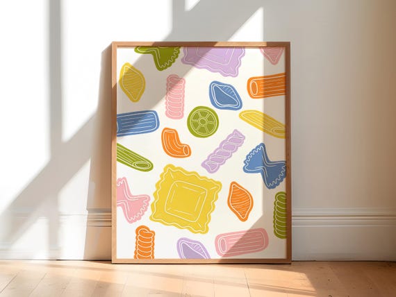 Colorful Pasta Pop Art Food Poster, Maximalist Decor