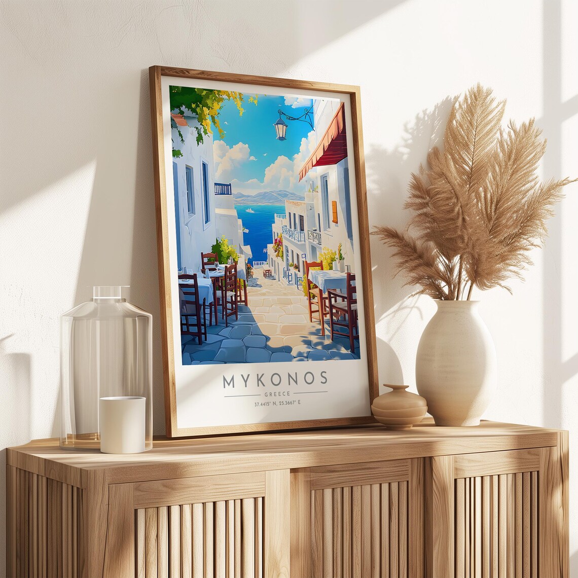 Mykonos White Alley Cafes Blue Sea Flowers Greece Travel Poster - Image 3