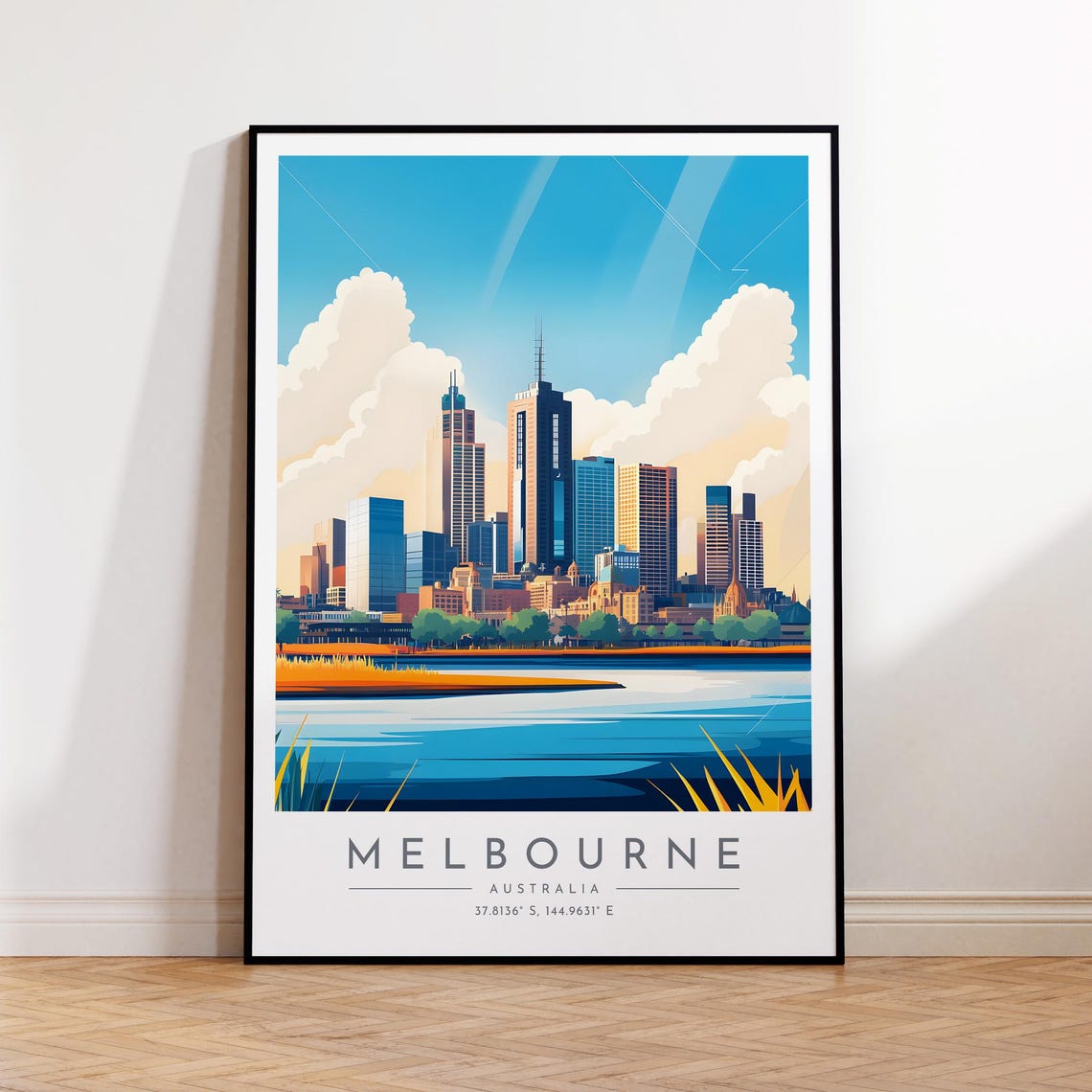 Melbourne Australia Riverside Skyline Clouds Vintage Travel Poster