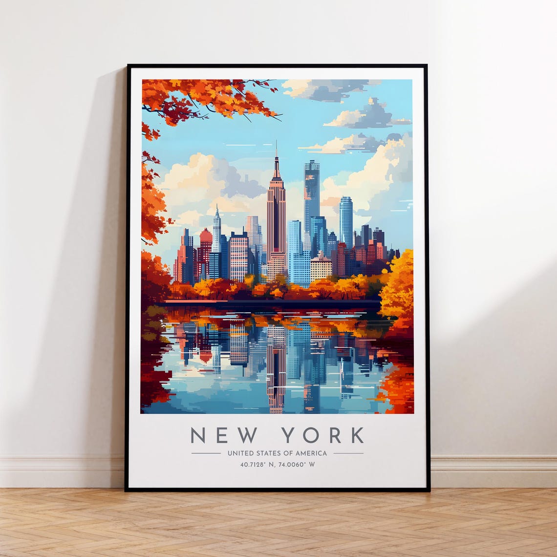 New York Autumn Skyline Fall Foliage Mirror Lake Reflection Poster