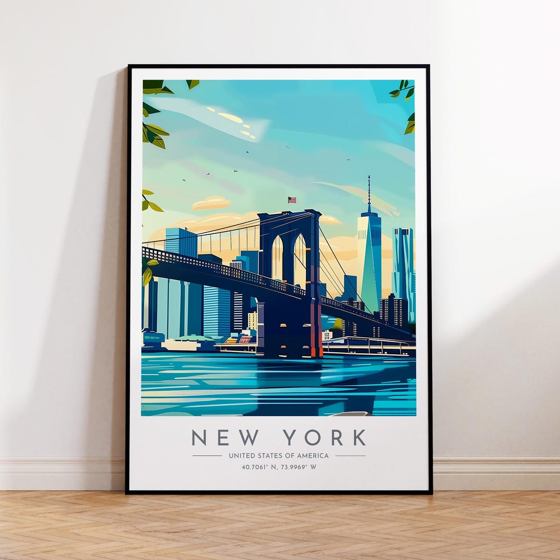 New York Brooklyn Bridge Skyline Ferry Sunset Harbor View Poster