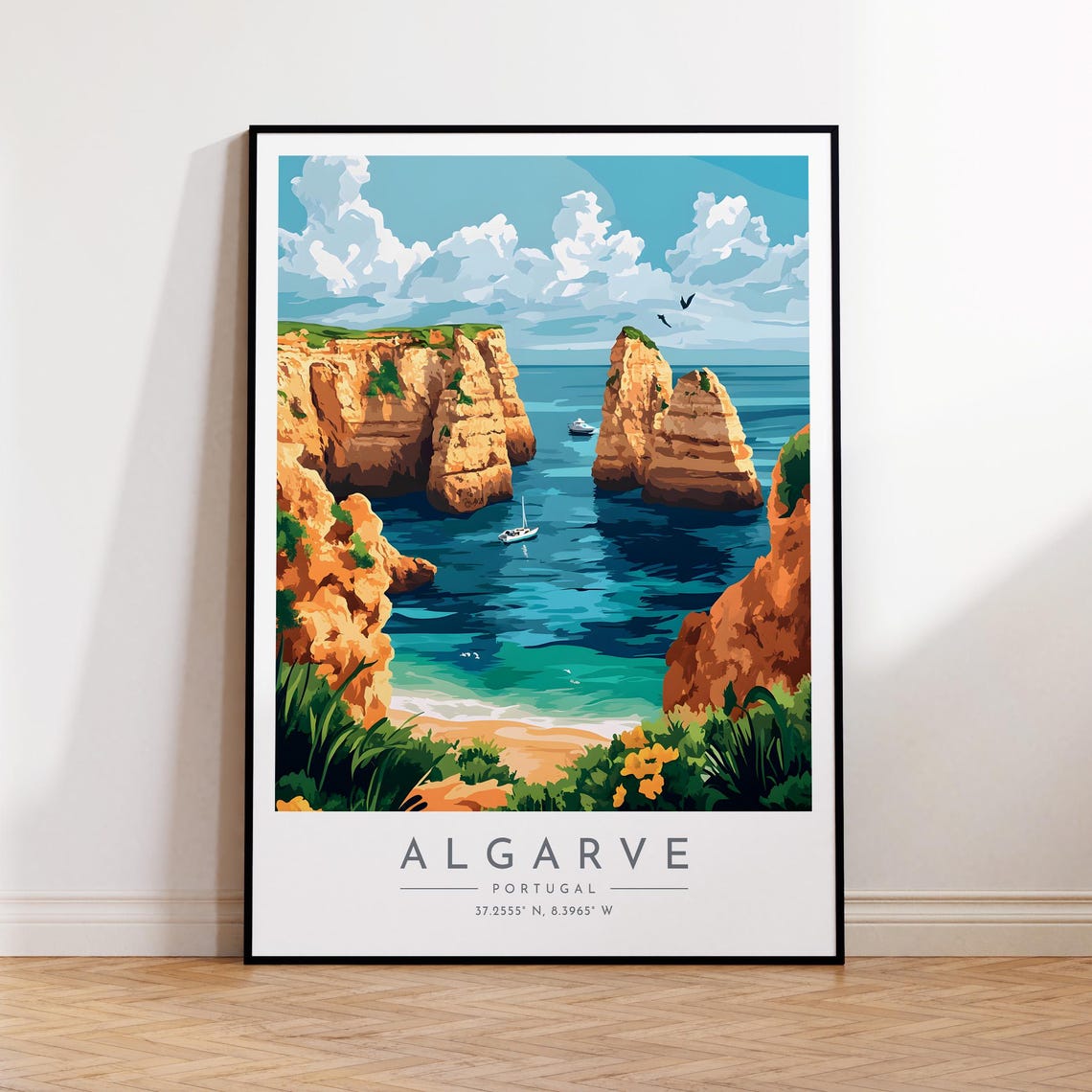 Algarve Portugal Golden Sea Cliffs Sailboat Coast View Poster