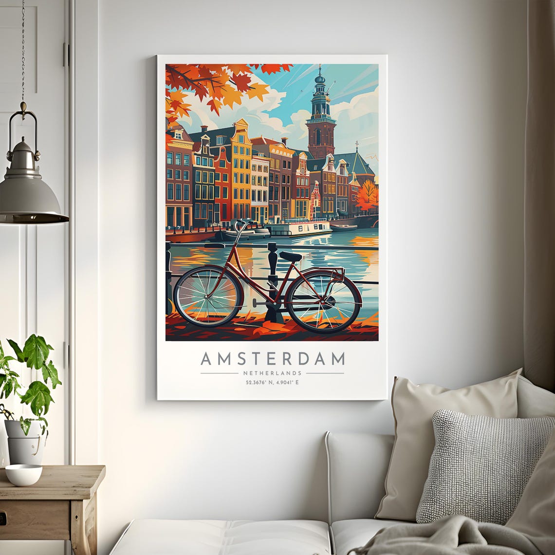 Amsterdam Netherlands Canal Bicycle Autumn Houses Waterway Poster - Image 2