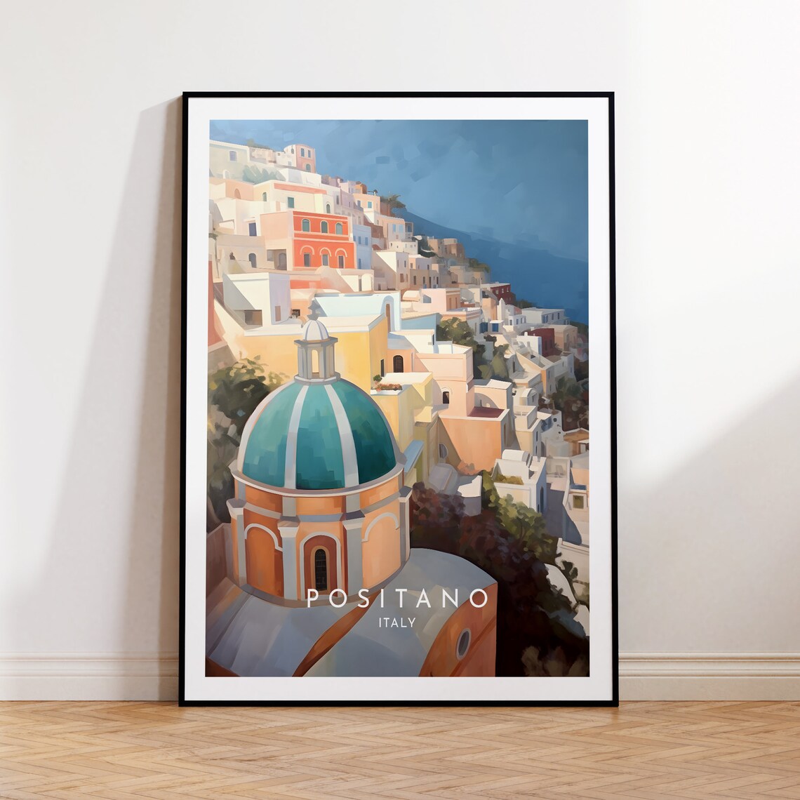 Positano Italy Church Dome Amalfi Coast Golden Sunset Glow Poster