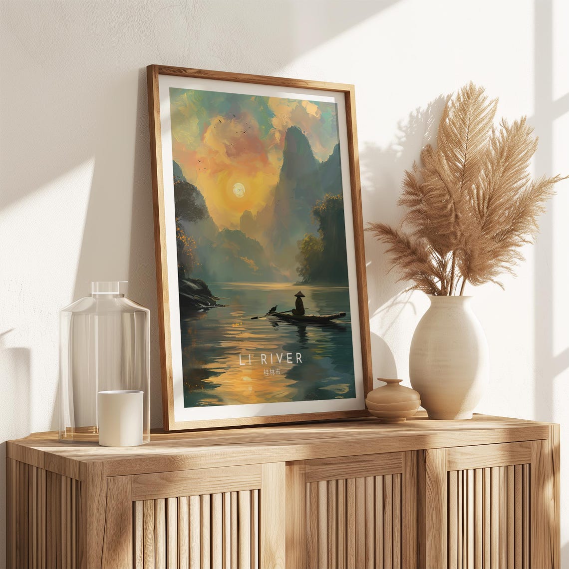 Li River Cormorant Fisherman Gliding at Golden Sunset China Poster - Image 2
