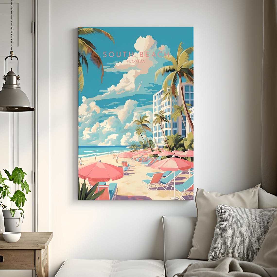South Beach Florida Palm Trees Pink Umbrella Beach Scene Poster - Image 3