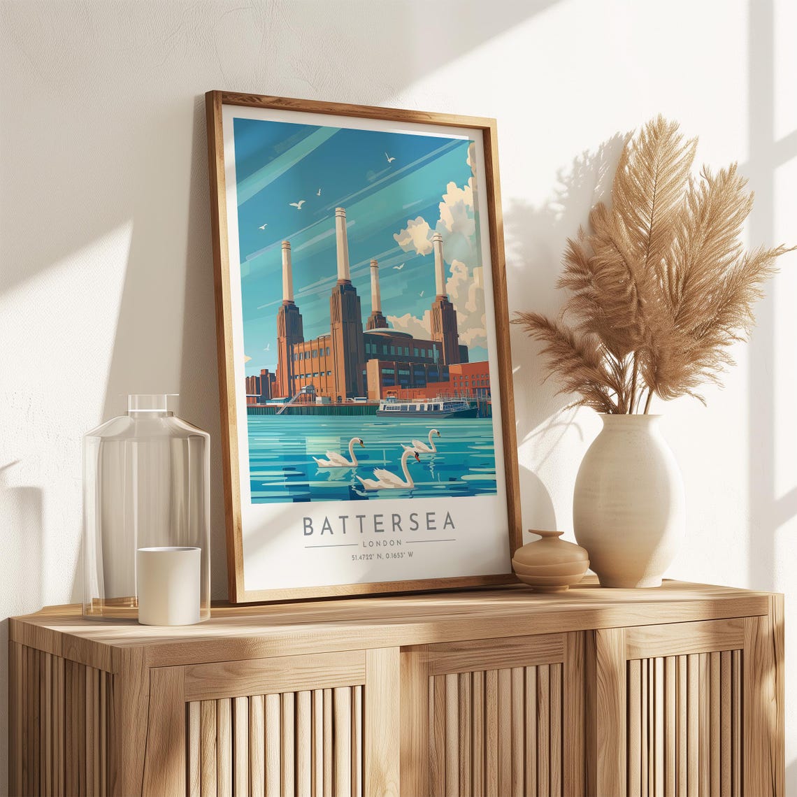London Battersea Power Station Swans Thames Riverside View Poster - Image 3