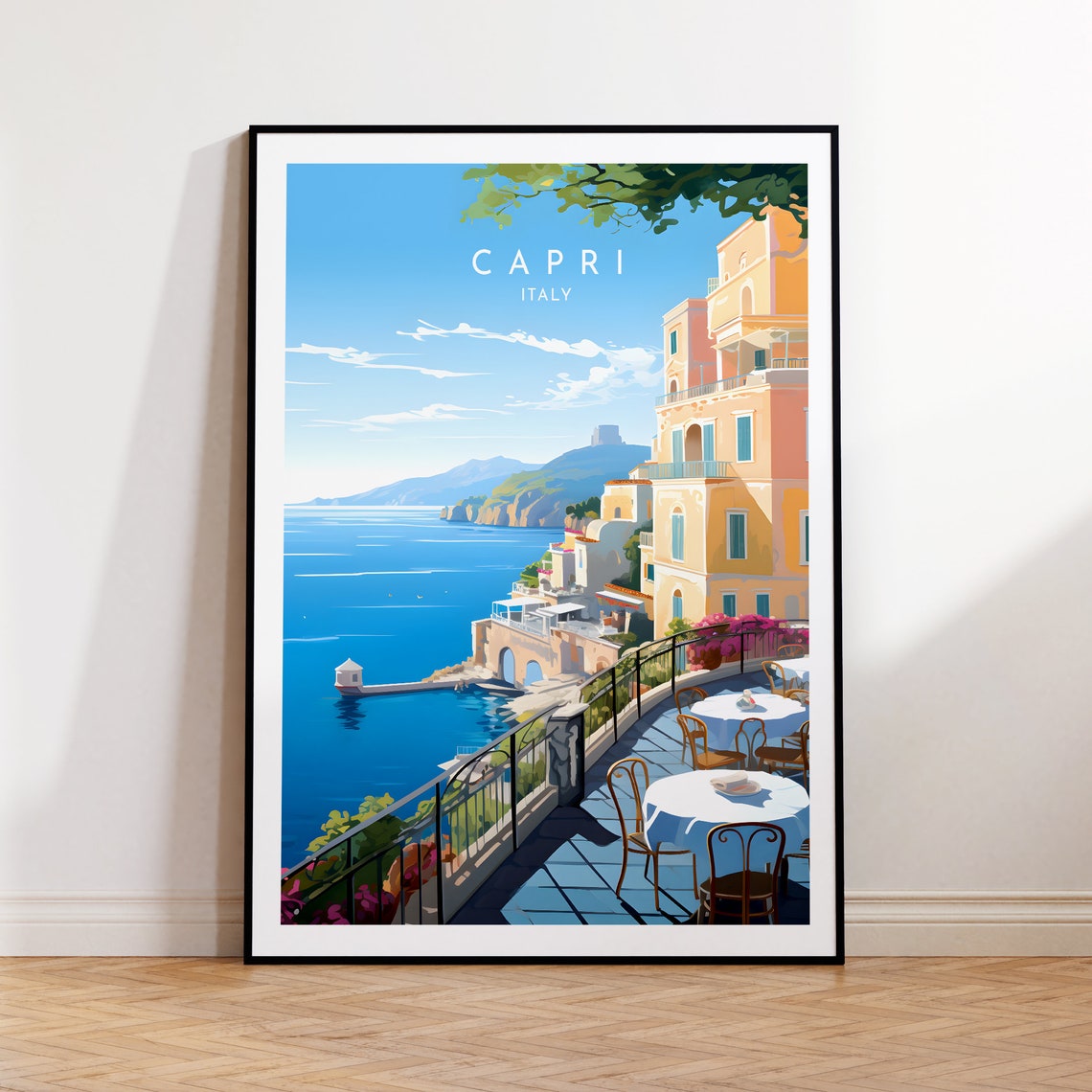 Capri Italy Cliffside Cafe Terrace Blue Sea Island View Poster