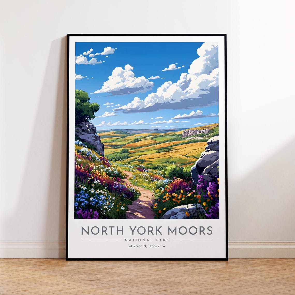 North York Moors Blooming Wildflowers Rocky Path Travel Poster