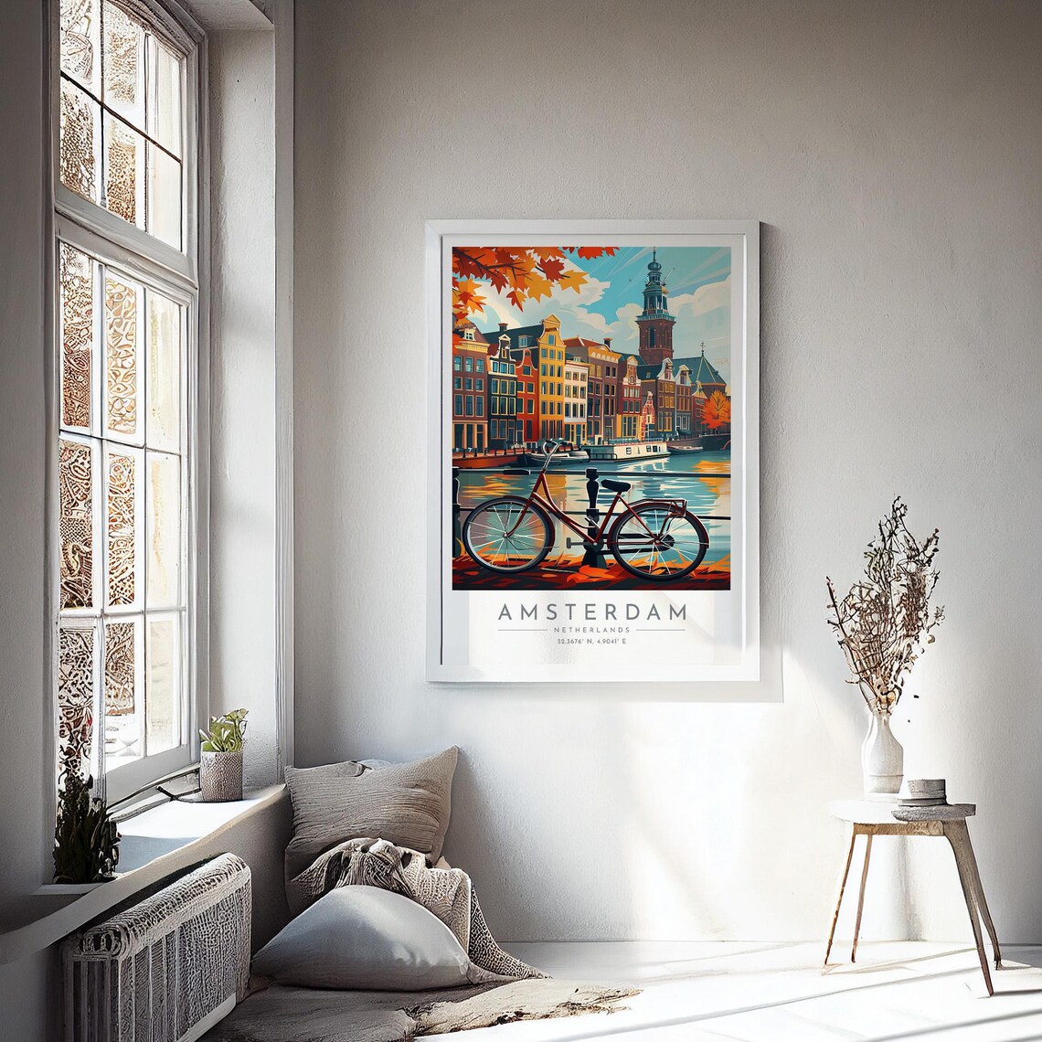 Amsterdam Netherlands Canal Bicycle Autumn Houses Waterway Poster - Image 4