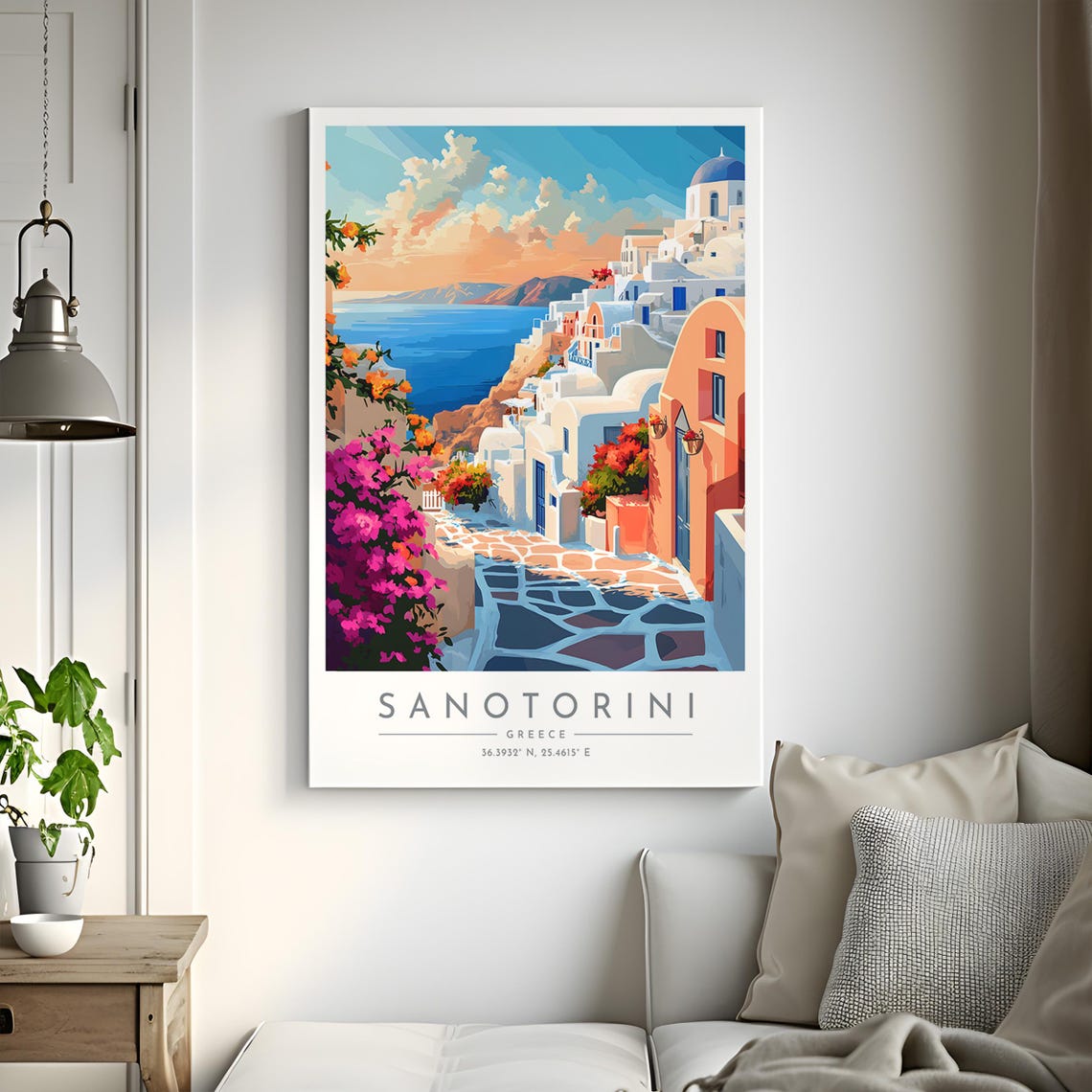 Santorini Greece Whitewashed Lane Bougainvillea Aegean Sea Poster - Image 2