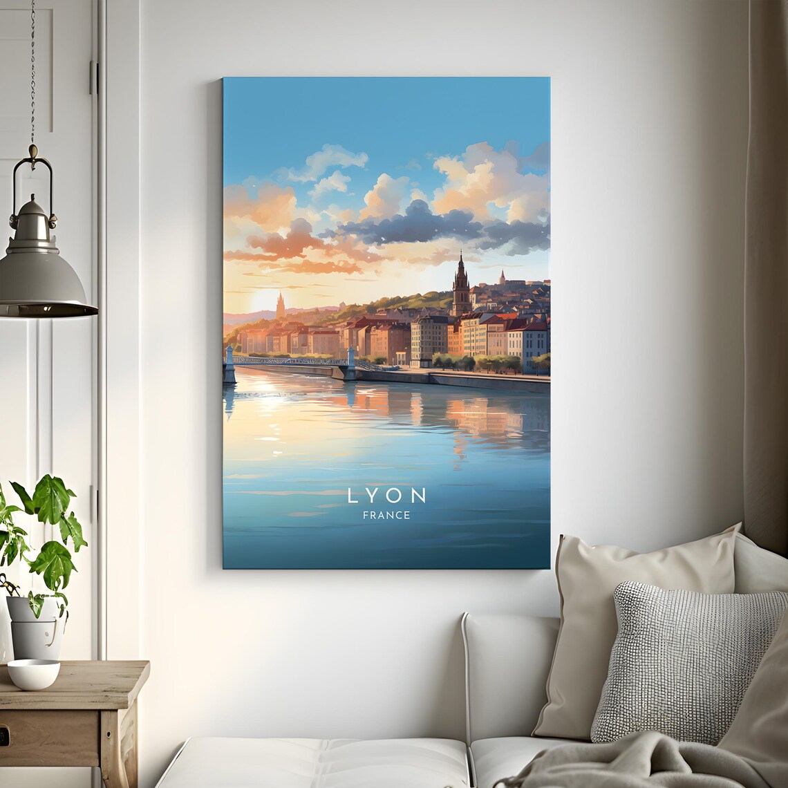 Lyon France Old Town Riverfront Golden Sunset Reflective Poster - Image 3