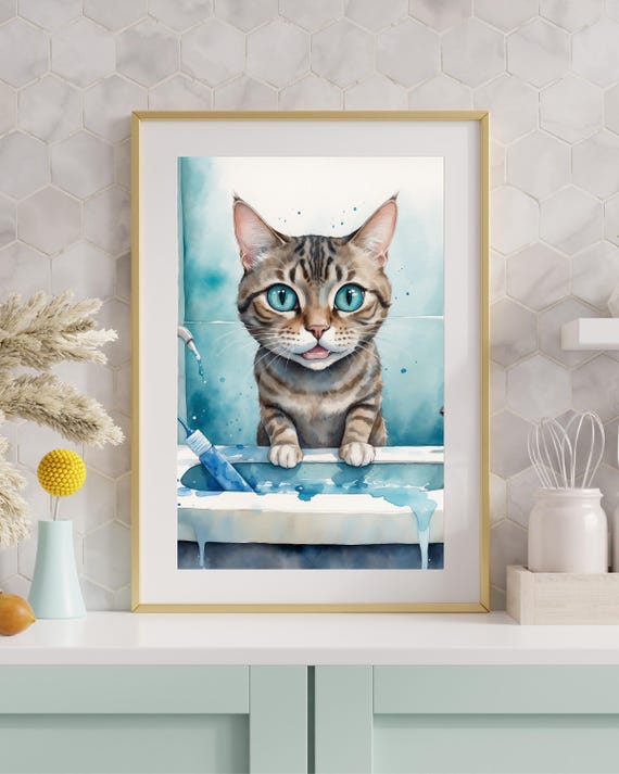 Funny Cat Bathroom Wall Art Watercolor Animal Print Decor