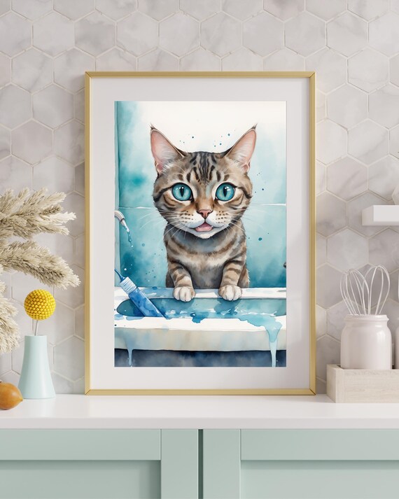 Silly Tabby Cat In Bathroom Sink Watercolor Funny Bathroom Poster