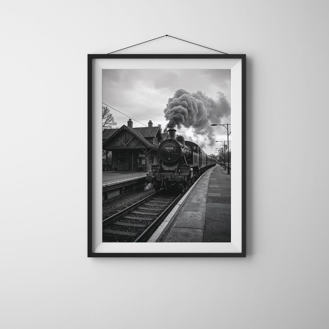 Vintage Steam Locomotive Railway Station Black and White Poster
