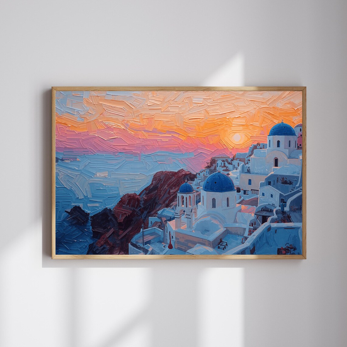 Santorini Sunset Blue Domes Mediterranean Oil Painting Poster