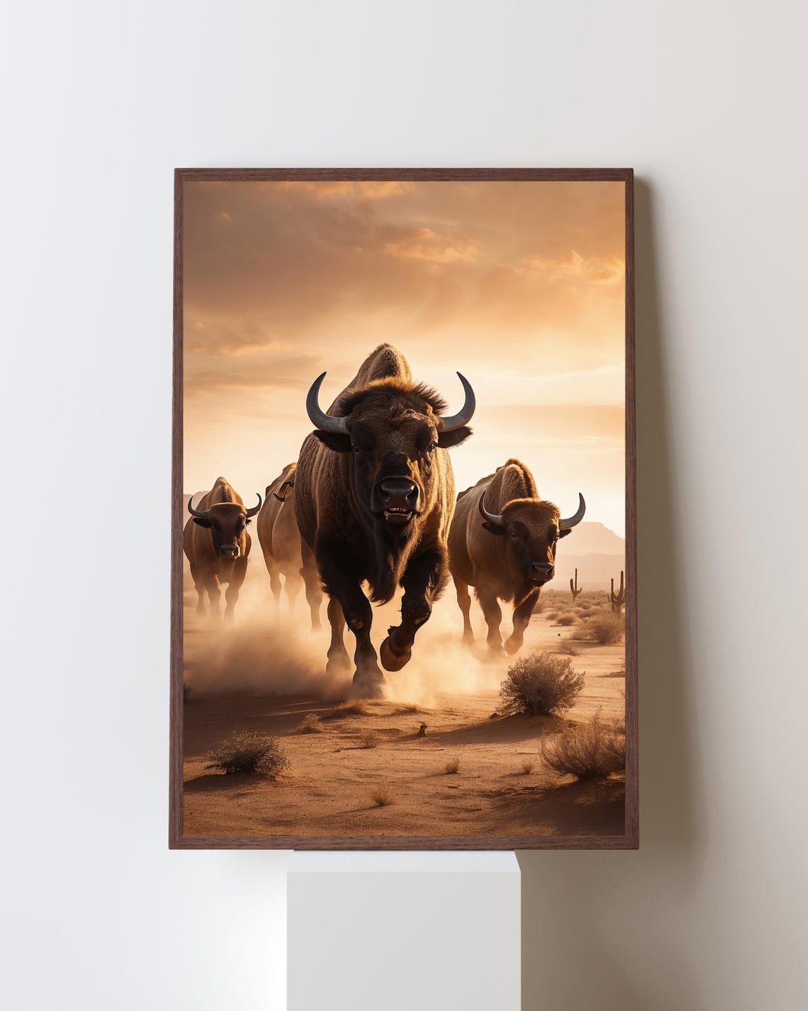 Wild Buffalo Herd Charging Desert Sunset Western Wildlife Poster