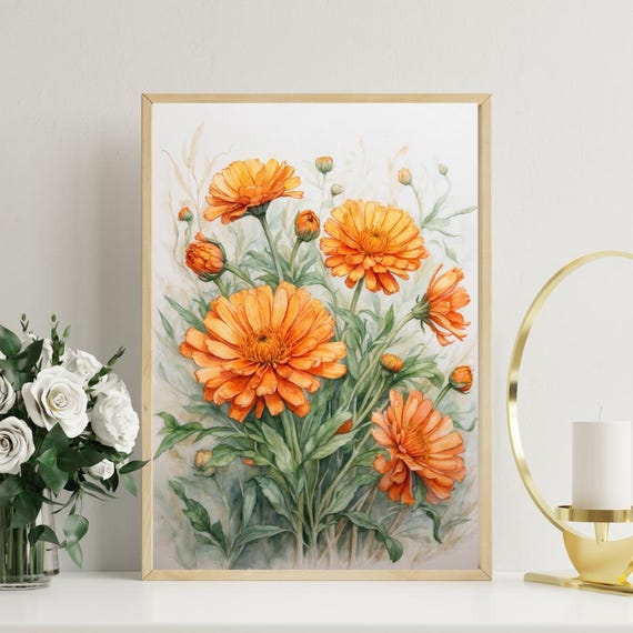 Calendula Flower Wall Art Watercolor Botanical Print Orange Floral Decor Png