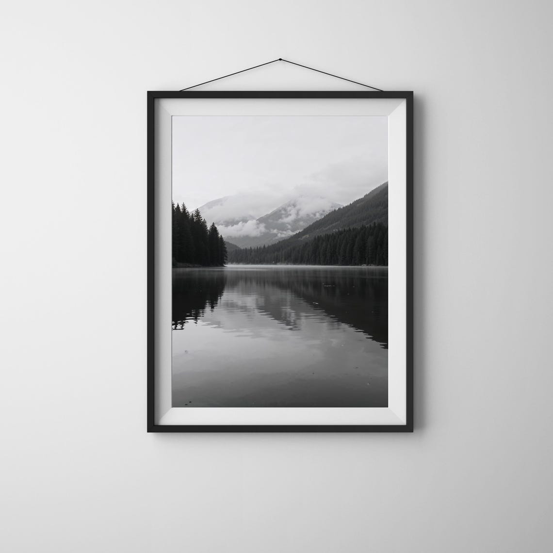 Black and White Misty Lake Reflection Mountains Photo Art Poster