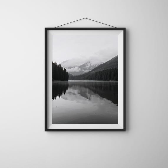 Black And White Lake Reflection Print Calm Nature Photography Monochrome Forest Wall Art Poster