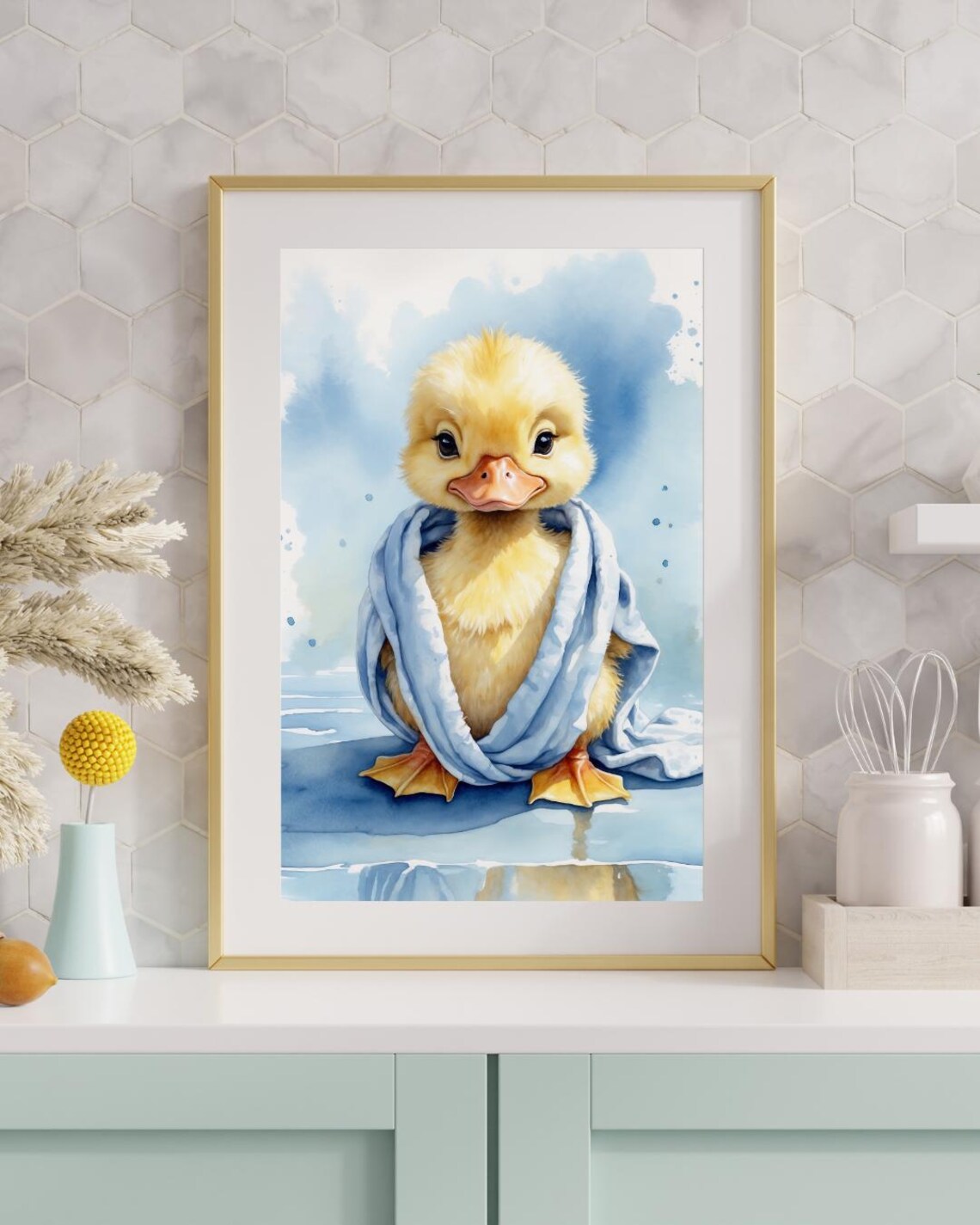 Baby Duckling Towel Watercolor Cute Bathroom Nursery Animal Art Poster