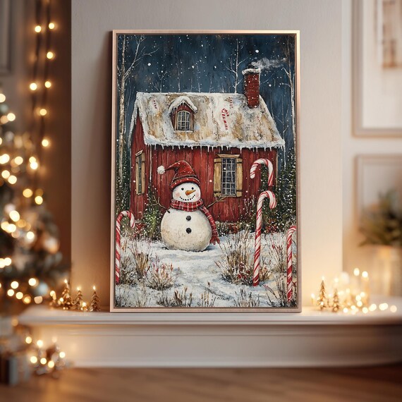 Cheerful Snowman In Front Of Red Cottage At Night Winter Poster