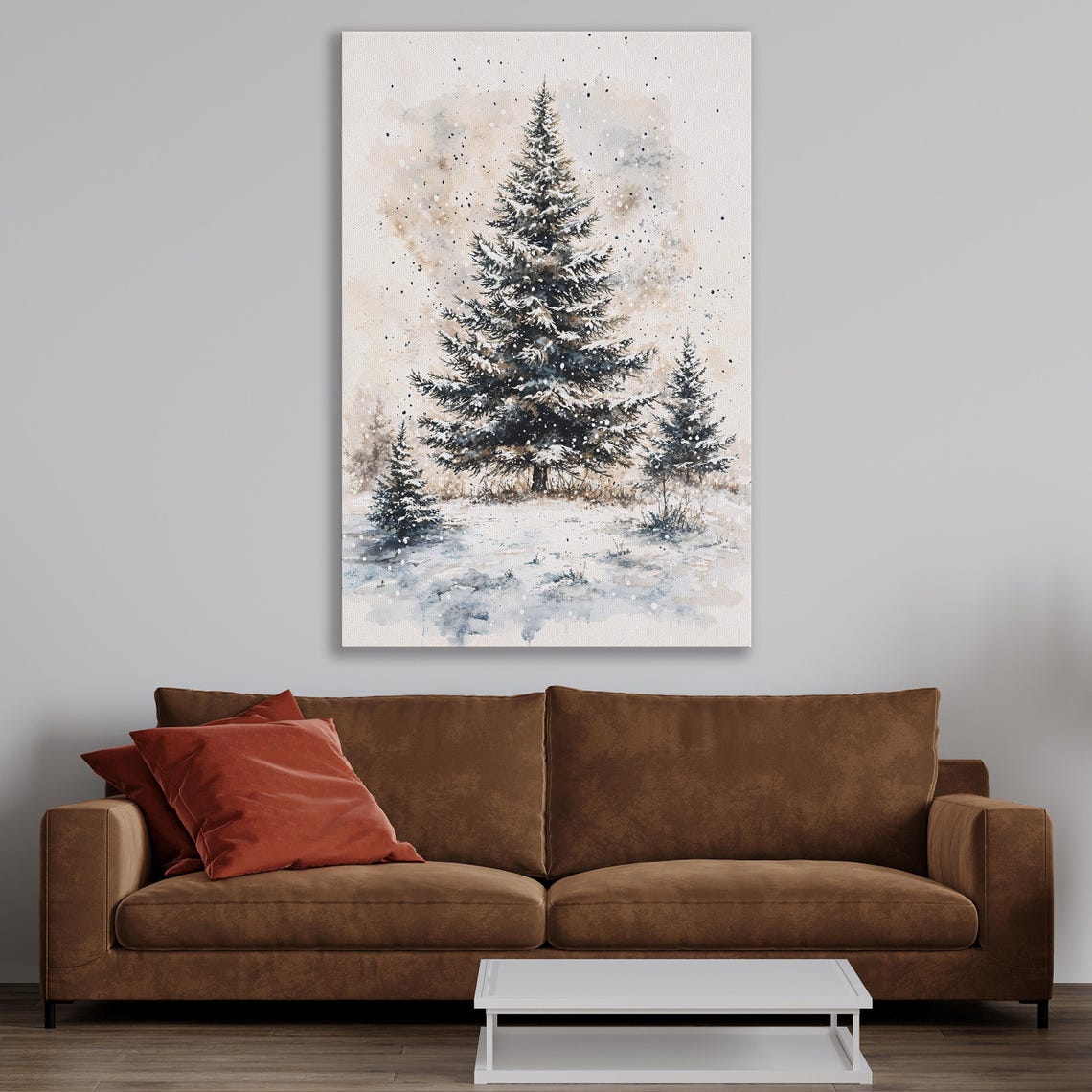 Snow Laden Pine Tree Watercolor Scene in Falling Snow Art Poster - Image 4